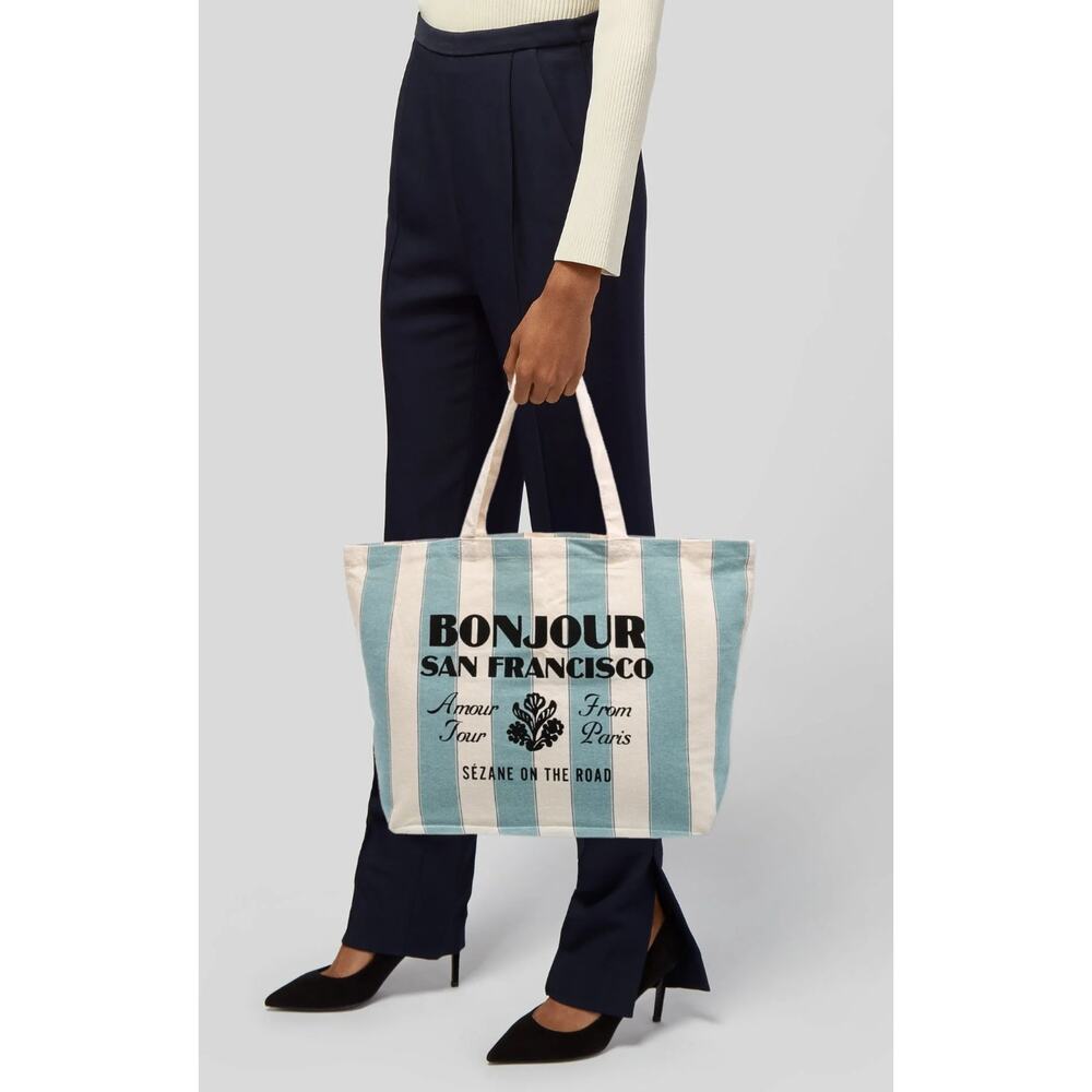 Sézane Bonjour Amour Tour Light Blue Striped Cotton Canvas Tote Bag Minimalist